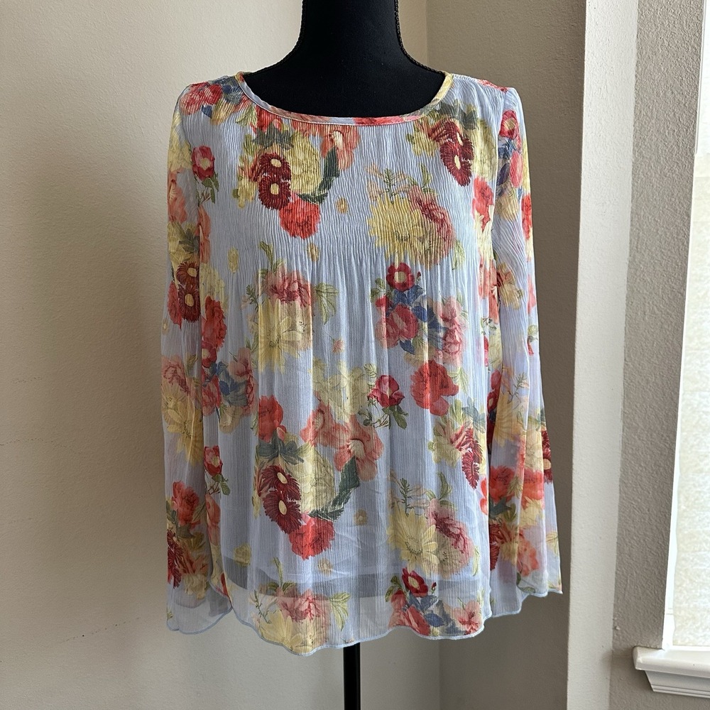 New Blue‎ Floral Sheer Lined Blouse M Bell Sleeve Cottage Fairy Whimsy Boho Top